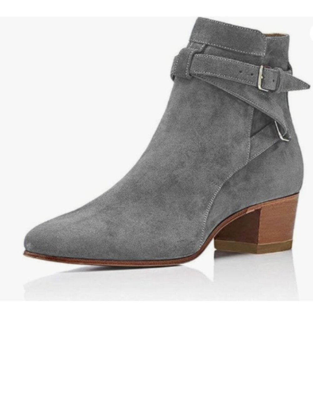 YDN Grey Block Low Heel Suede Cowgirl Boots Pull on Ankle Bootie with Buckle